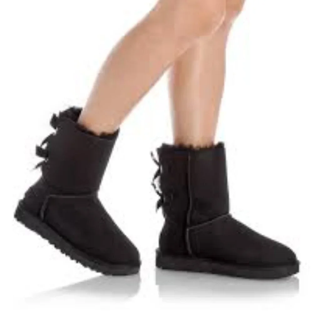 UGG Bailey Bow II Black Boots with Sheepskin Lining Size 10